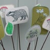 Badger in the wild flowers - Screen printed fabric and willow flowers