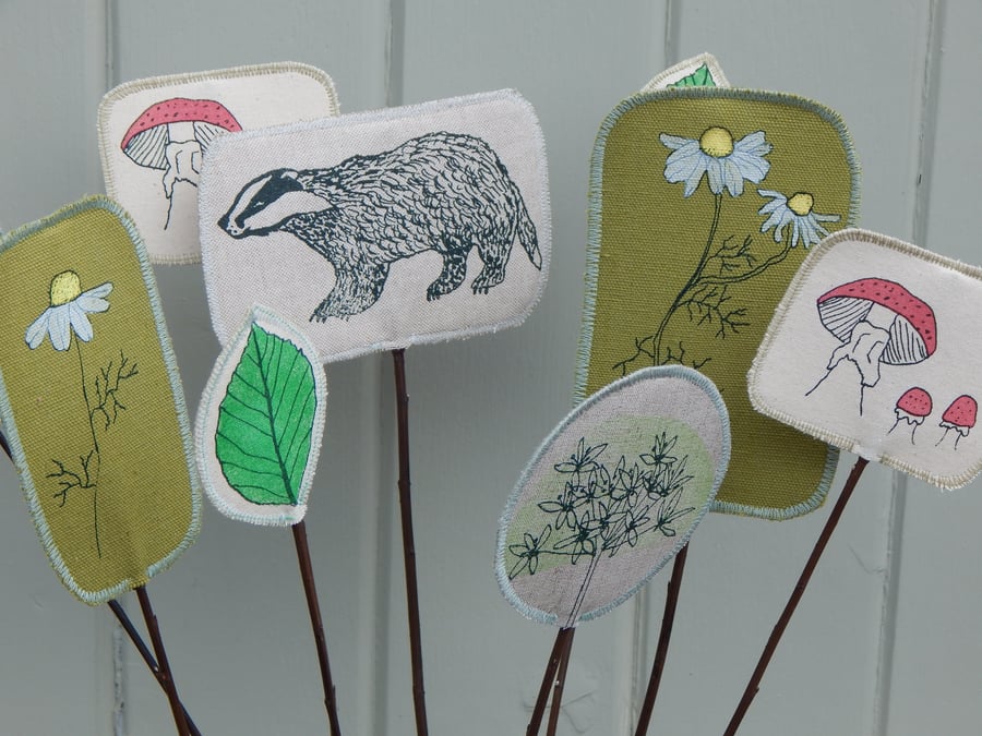 Badger in the wild flowers - Screen printed fabric and willow flowers