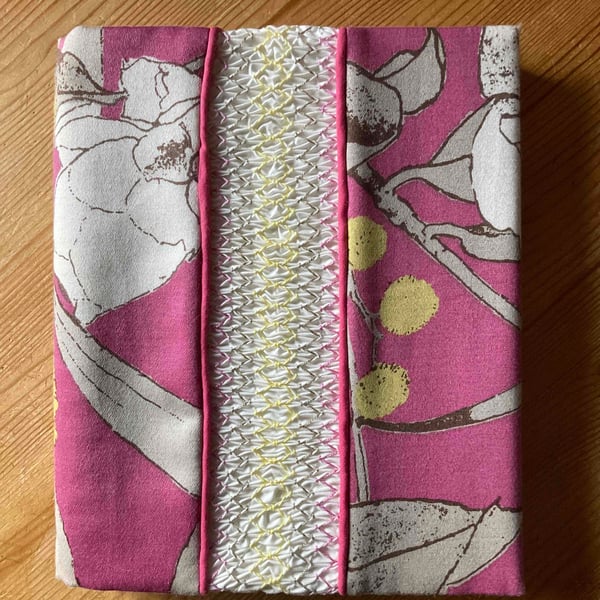 Smocked Slip Covered Sketchbook or Journal, Pink and Yellow Floral