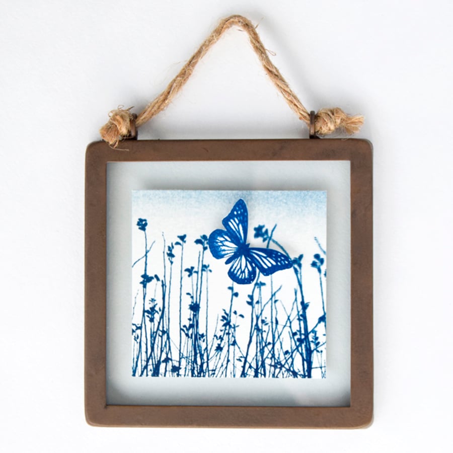 Butterfly Meadow Cyanotype in industrial style metal and glass square frame