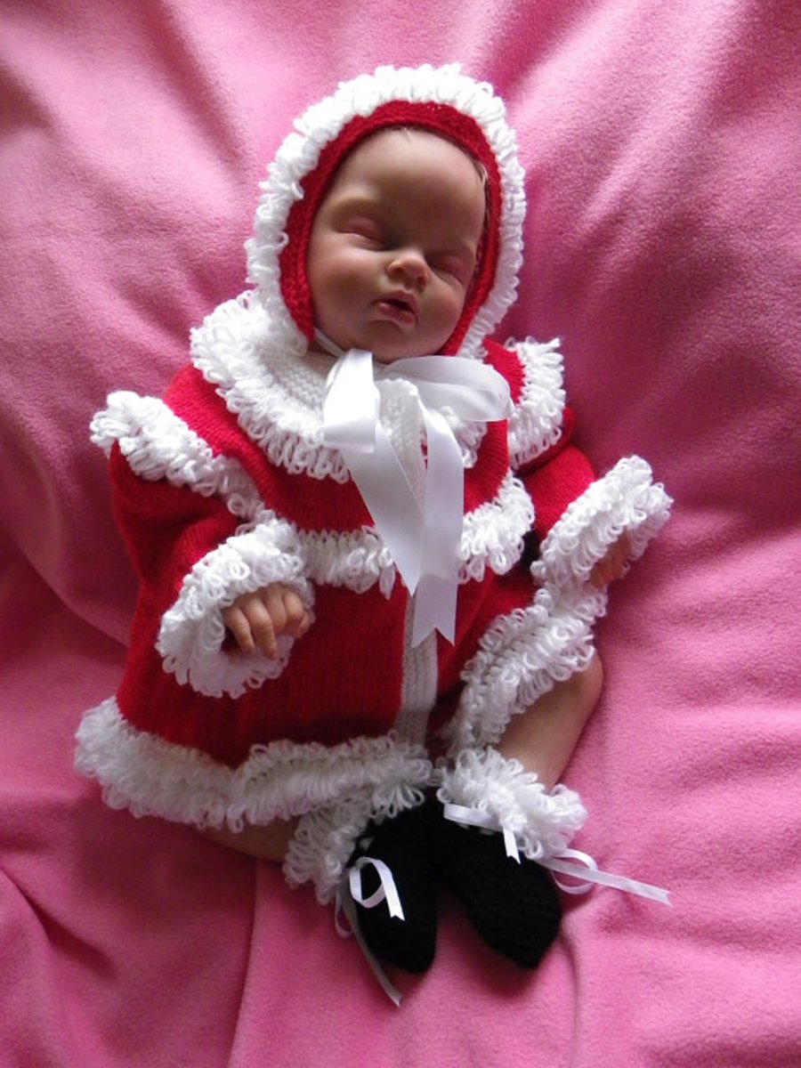 Hand knitted Baby Christmas Santa cardigan, bonnet and booties Made To Order 0-3