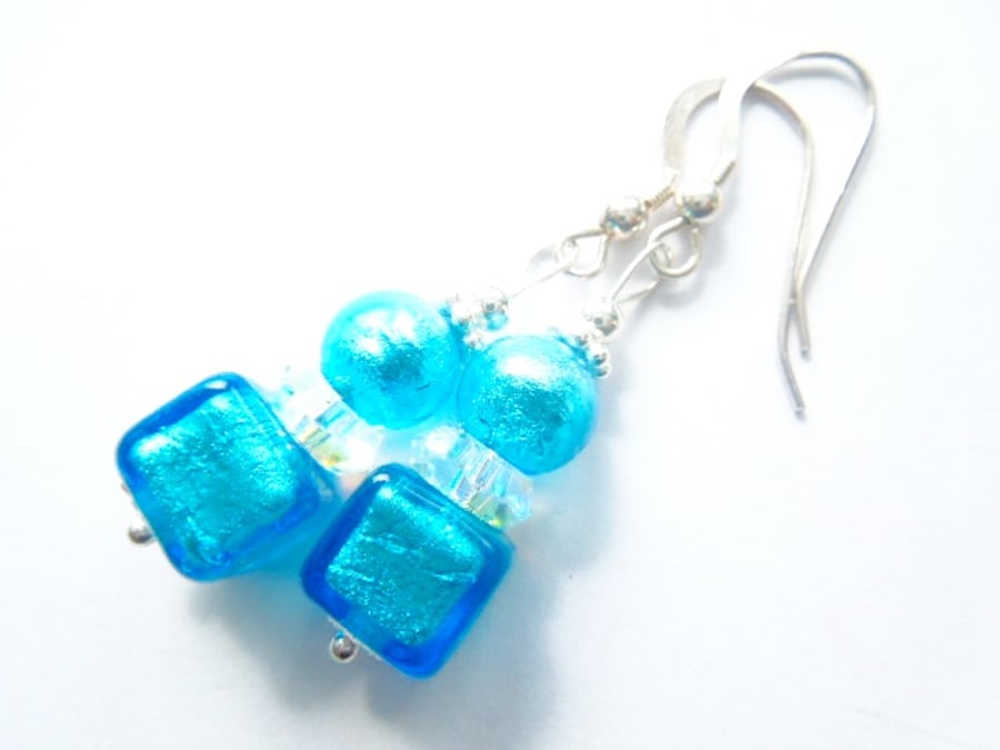 Murano glass turquoise handmade earrings with Swarovski and sterling silver.