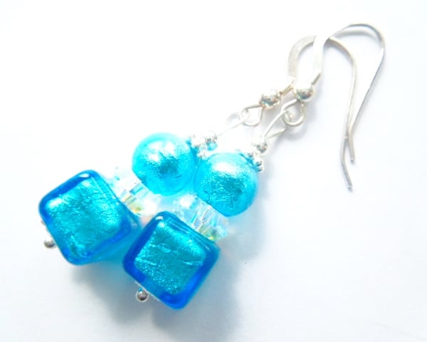 Murano glass turquoise handmade earrings with Swarovski and sterling silver.
