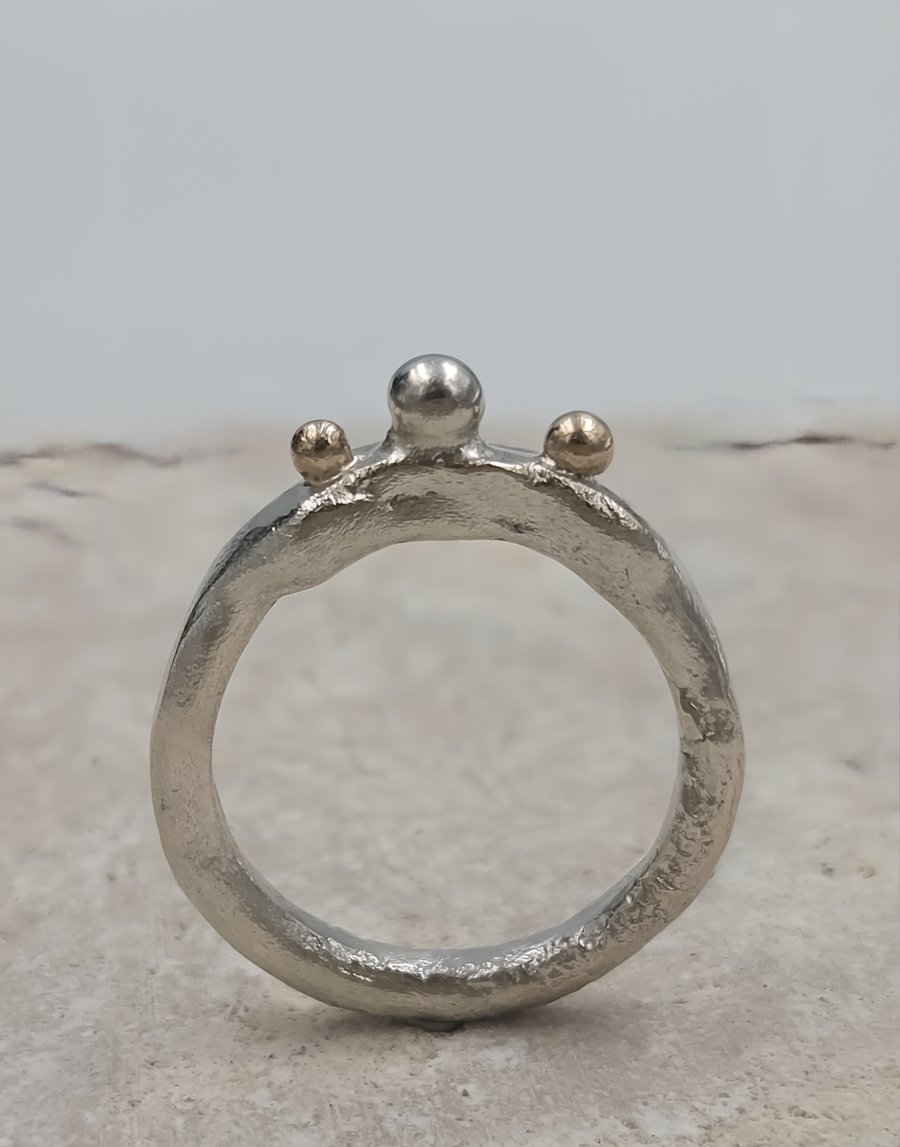 Hand Forged Sterling Silver Molten Ring – Gold Granules - Size i