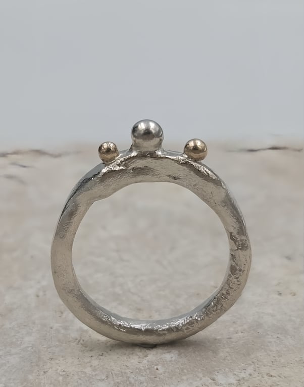 Hand Forged Sterling Silver Molten Ring – Gold Granules - Size i