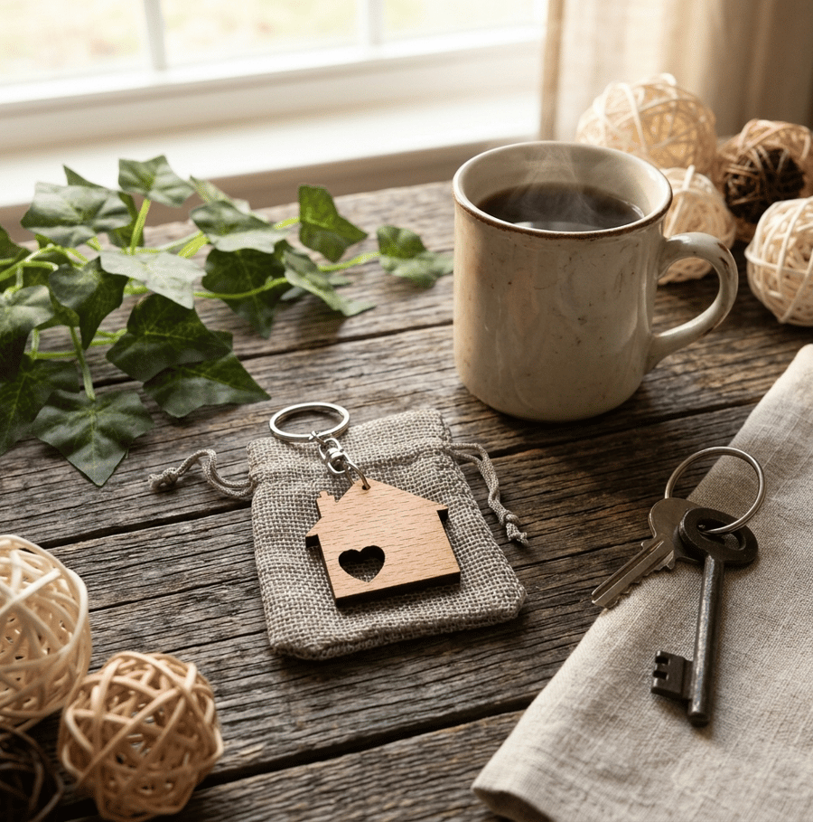Wood House Keychain - Wooden Keyring with Gift Bag
