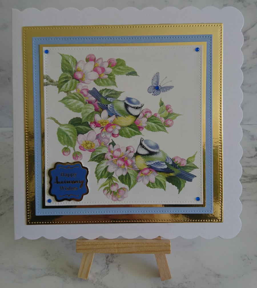 Anniversary Card Happy Anniversary Wishes Blue Tits Birds Floral Trees
