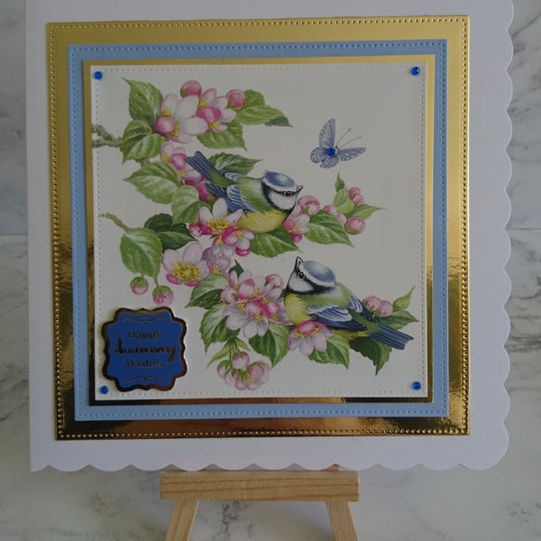 Anniversary Card Happy Anniversary Wishes Blue Tits Birds Floral Trees