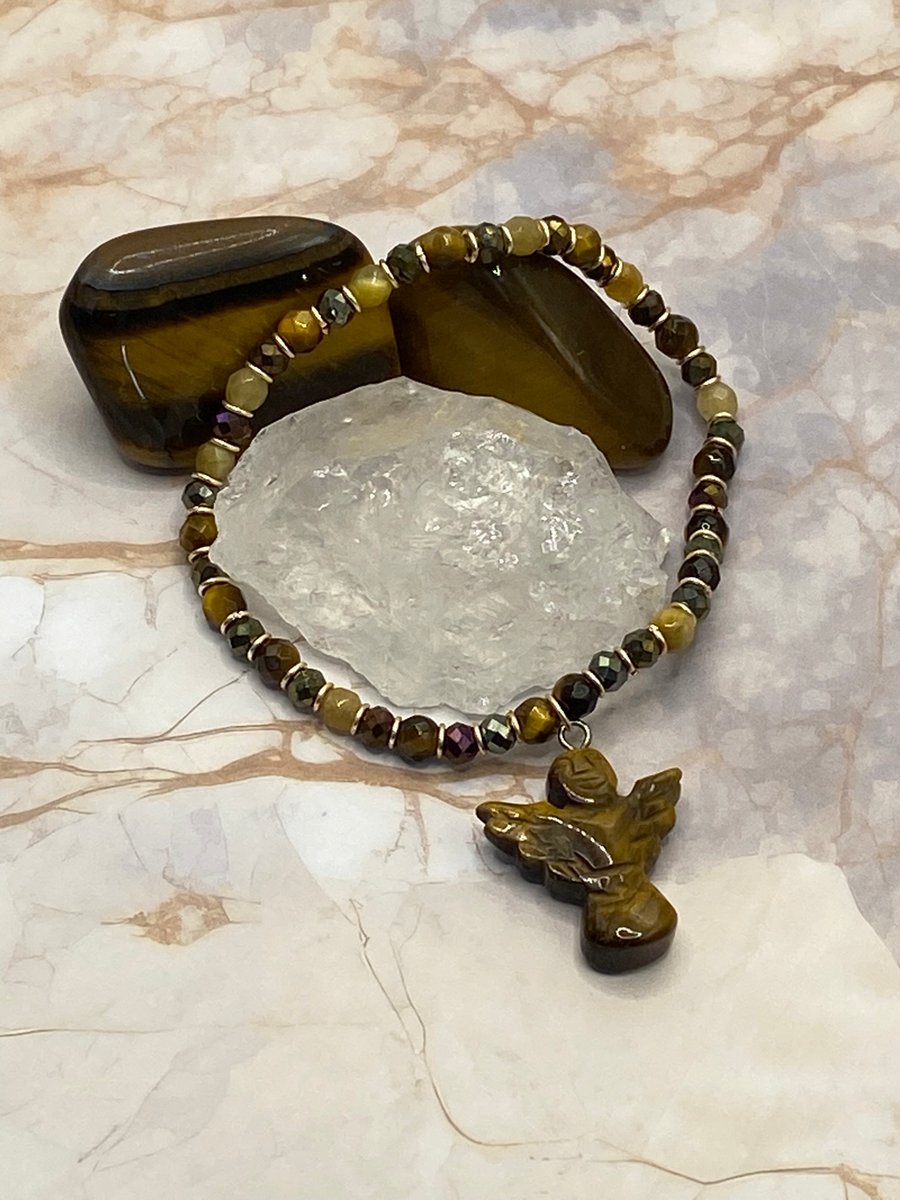 Golden tiger's eye stretchy bracelet with matching stone angel charm
