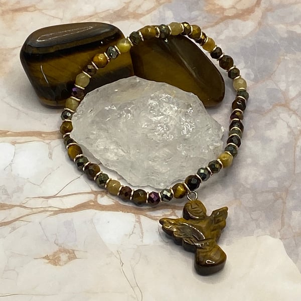 Golden tiger's eye stretchy bracelet with matching stone angel charm