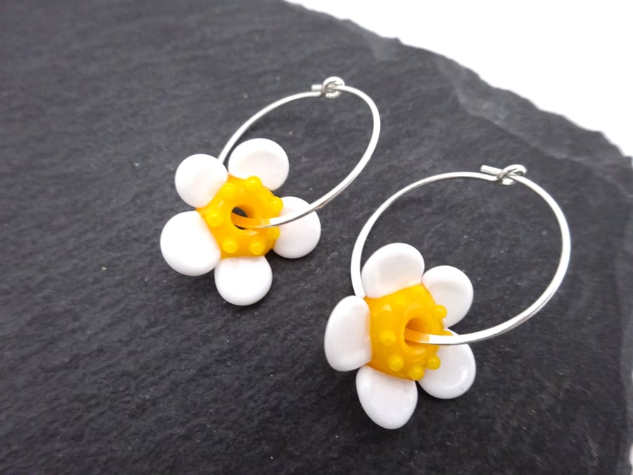 lampwork glass daisy flower hoop earrings, sterling silver jewellery