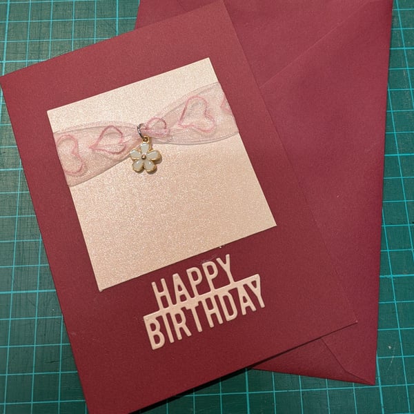 Birthday card with metal flower charm CH-2
