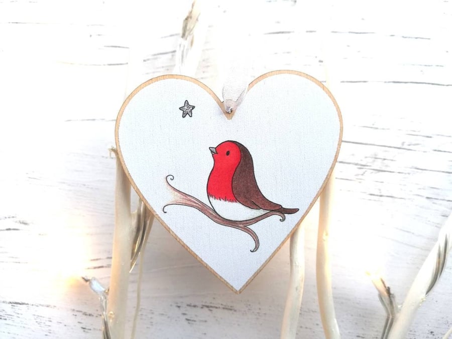 Robin Wooden Heart Ornament