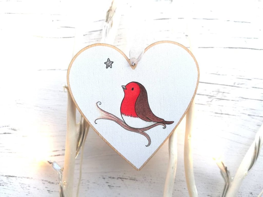 Robin Wooden Heart Ornament