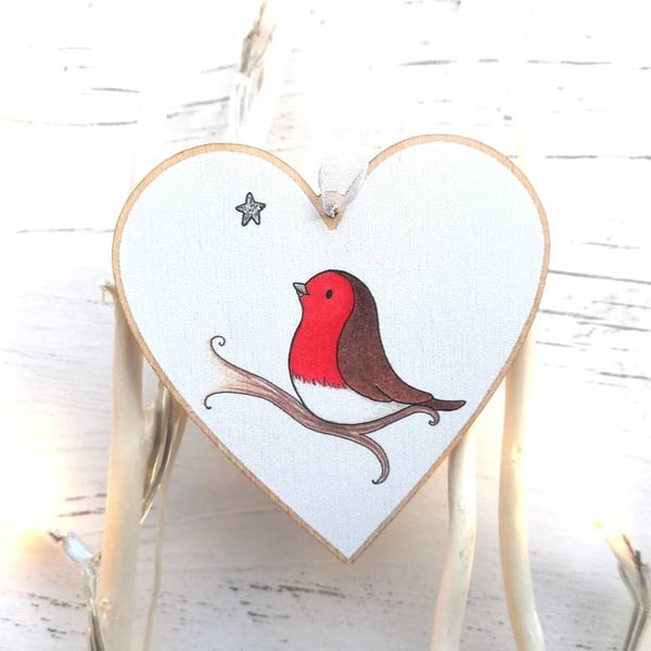 Robin Wooden Heart Ornament