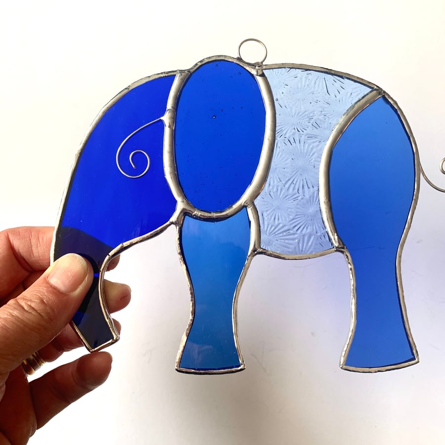 Stained Glass Large Elephant Suncatcher - Handmade Hanging Decoration - Blue