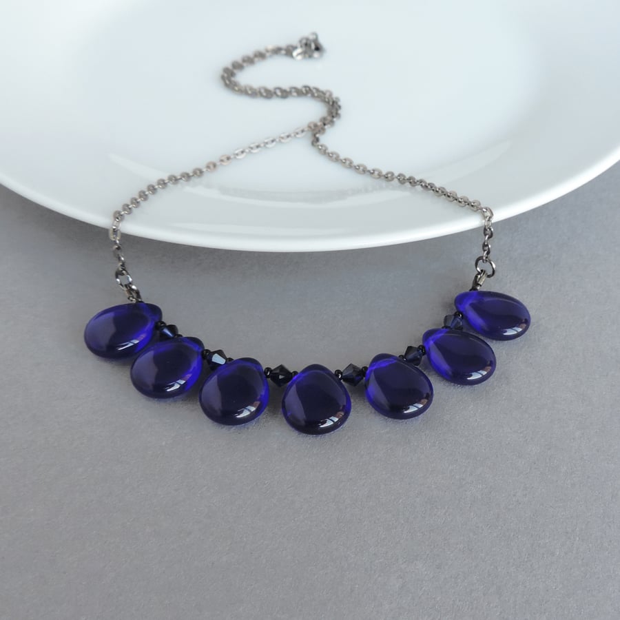 Cobalt Blue Teardrop Fan Necklace - Navy Chunky Czech Glass Statement Jewellery