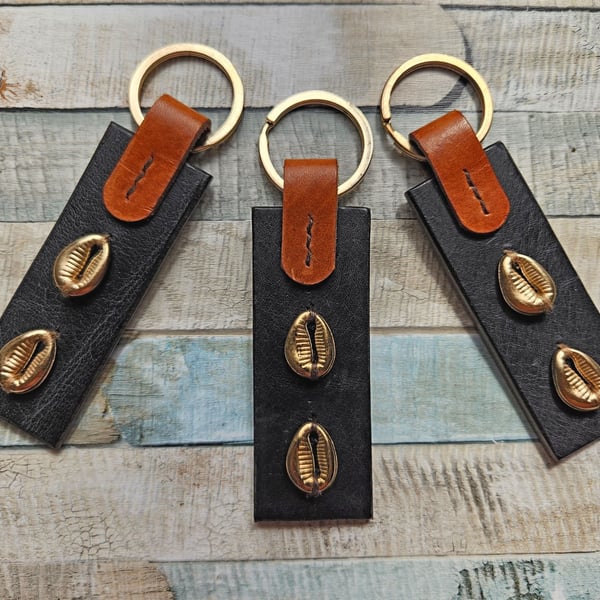 Leather and  Cowrie Shell Bead Keyring