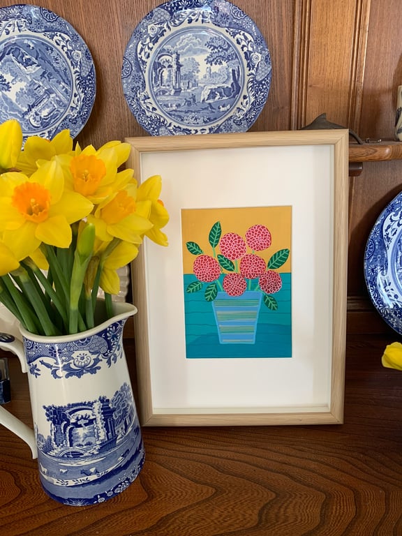 The Blue Flower Pot - Acrylic Gouache Colourful Painting for the Home