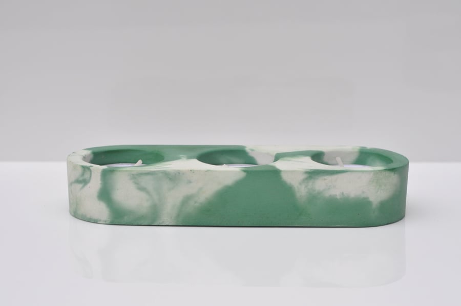 Concrete Candle Holder Triple Tealight Holder Green and White Candle Holder