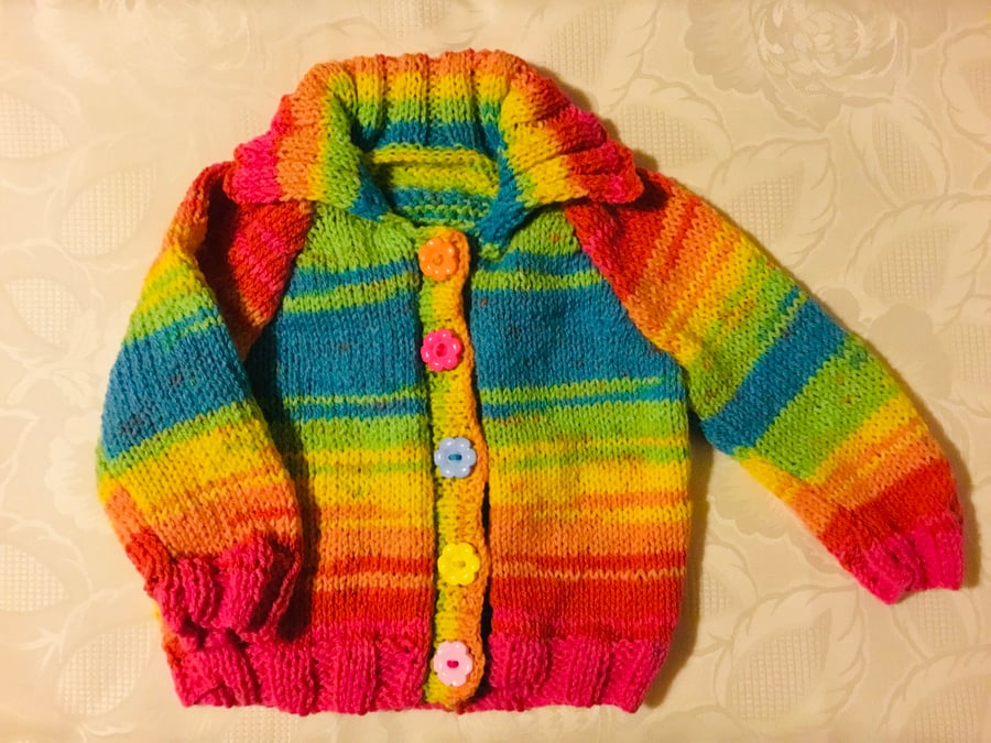 Hand Knitted Baby girls cardigan jacket in multi colour yarn 6-9 Months 22” Ches