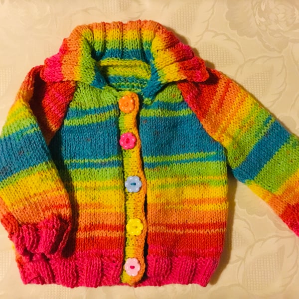 Hand Knitted Baby girls cardigan jacket in multi colour yarn 6-9 Months 22” Ches