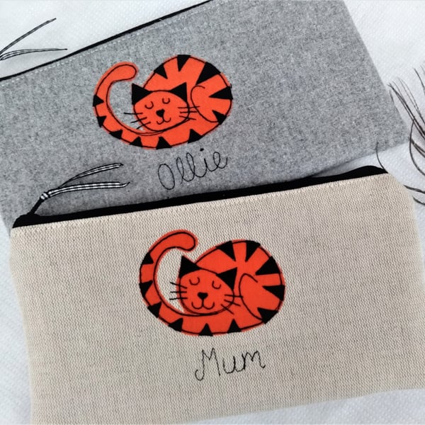 Personalised Ginger Cat Pencil Case - Grey Wool or Linen with Choice of Wording 