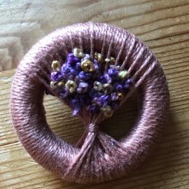 Vintage Style Dorset Button Posy Brooch, Pinky Brown  with Mauve and Ochre