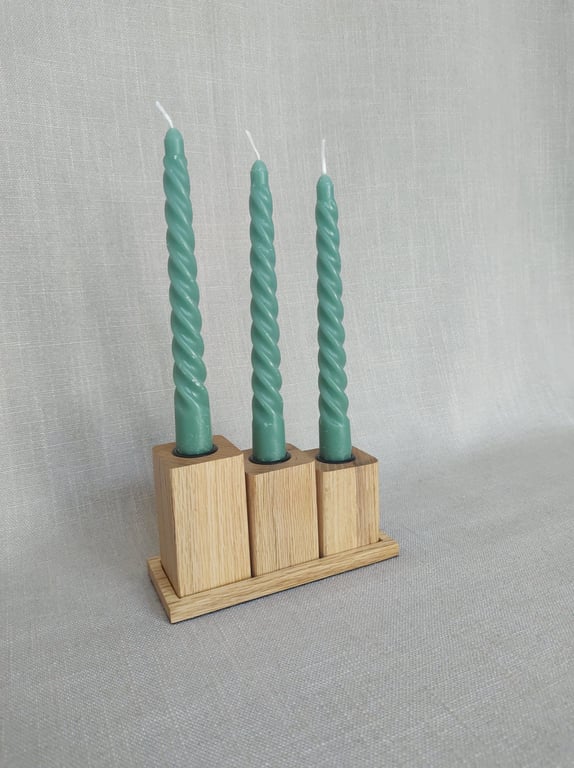 Solid Oak Dinner Candle Holder Set Upcycled Wood Trio with Tray