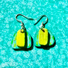 Wooden dangly earrings painted in vibrant greens and teal on silver plated hooks