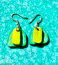 Wooden dangly earrings painted in vibrant greens and teal on silver plated hooks - Image 1