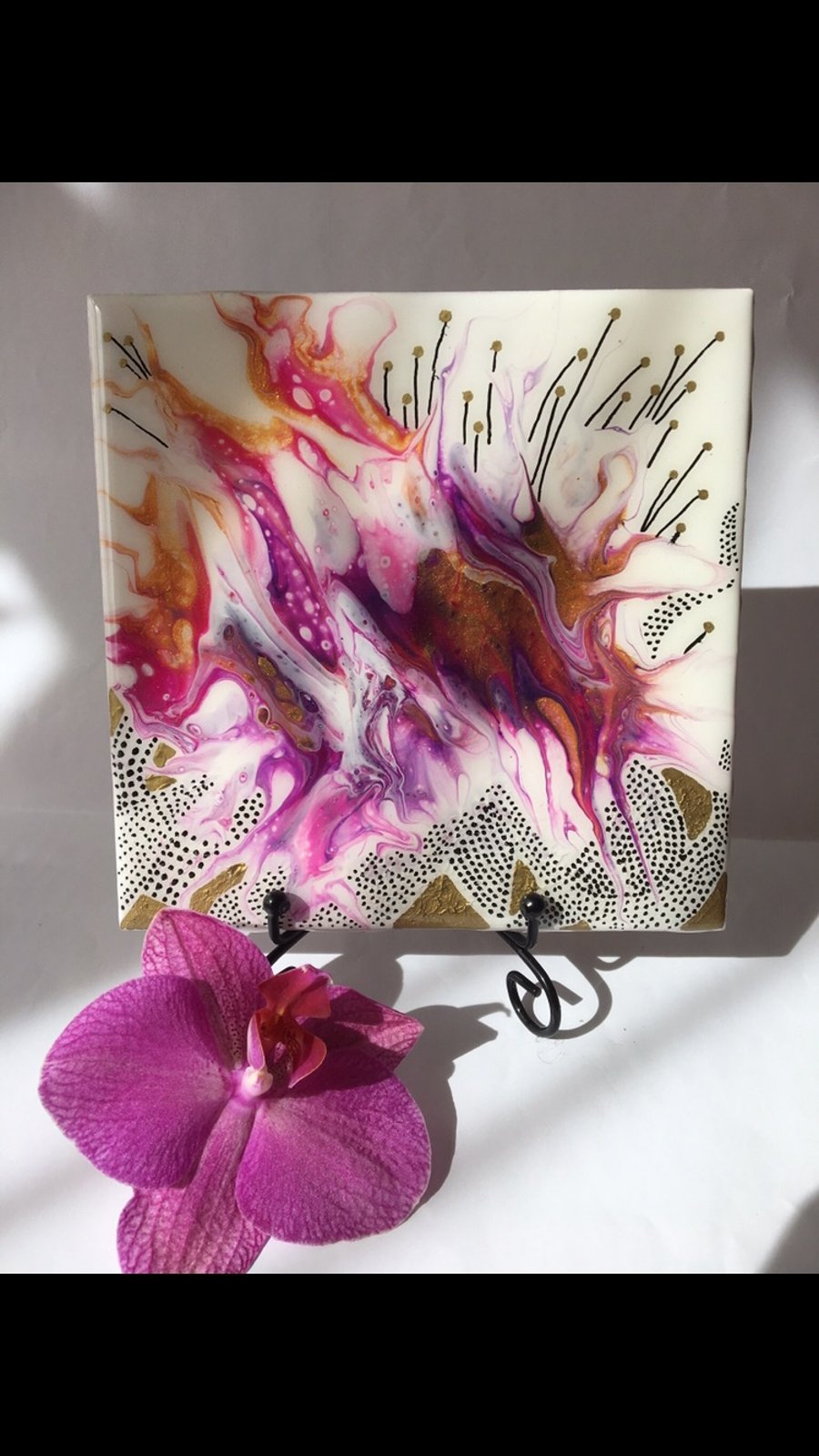 SALE . Fluid art ,6”x6”ceramic tile, trivet, decoration , abstract flower 