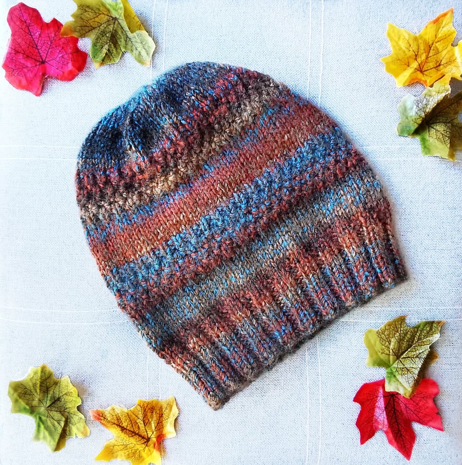 Hand Knitted Striped Beanie Hat in Autumn Colours