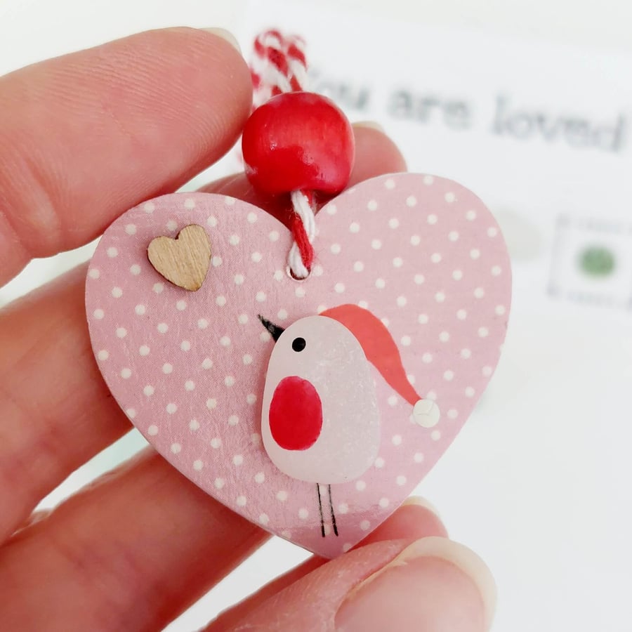 Sea Glass Robin Hanging Heart Dec - Beach Glass - Wooden Ornament Gift Tag