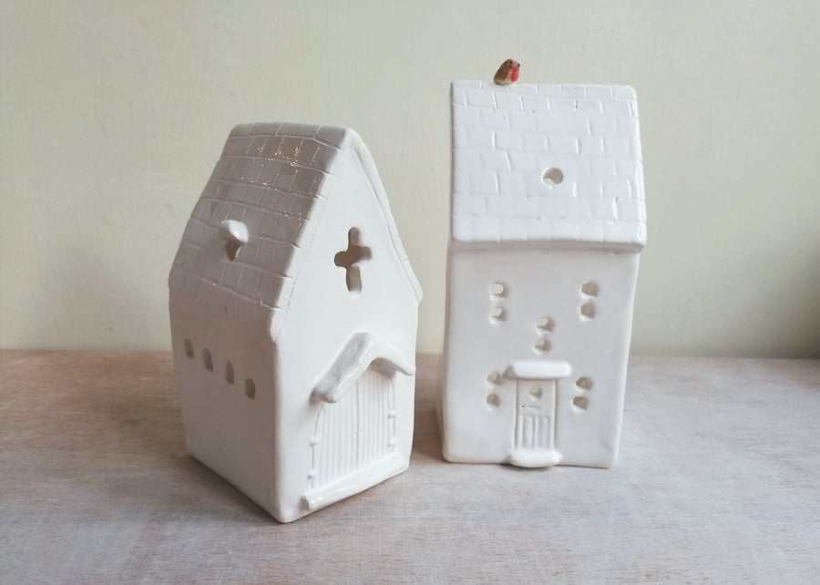 White Church or House with robin tea light, ceramic candle holder Christmas gift