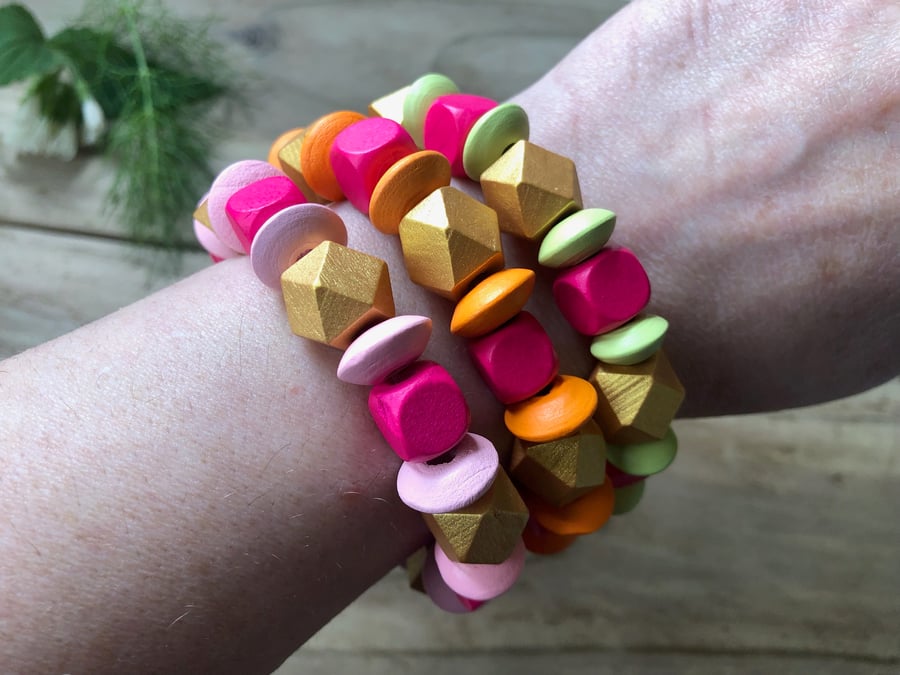 Hot Pink, Orange Green & Gold Wooden Bead Bracelet. Hexagon Beaded Bracelet