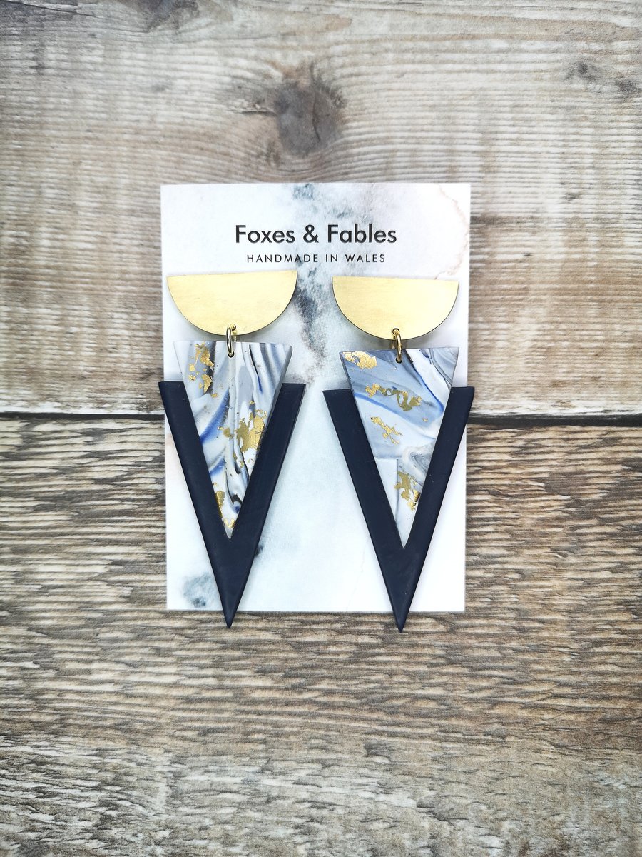 Navy and Gold Art Deco Stud Earrings