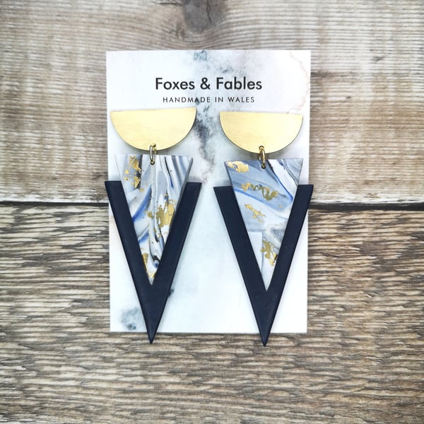 Navy and Gold Art Deco Stud Earrings