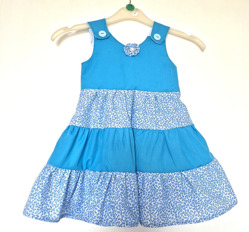 Blue and white cottons and cotton mix tiered sundress - size 1 to 2 years
