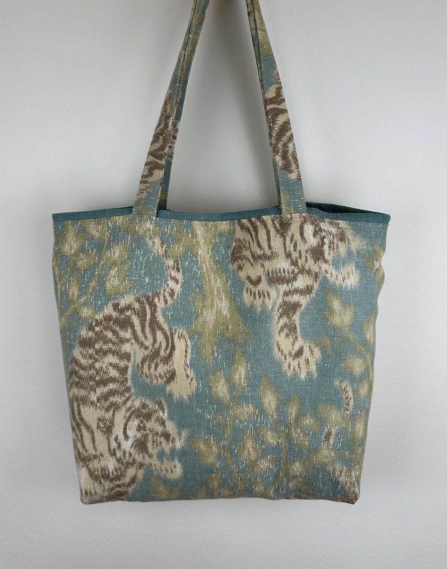 Linen Tiger Tote Bag, Sea Green Shopper