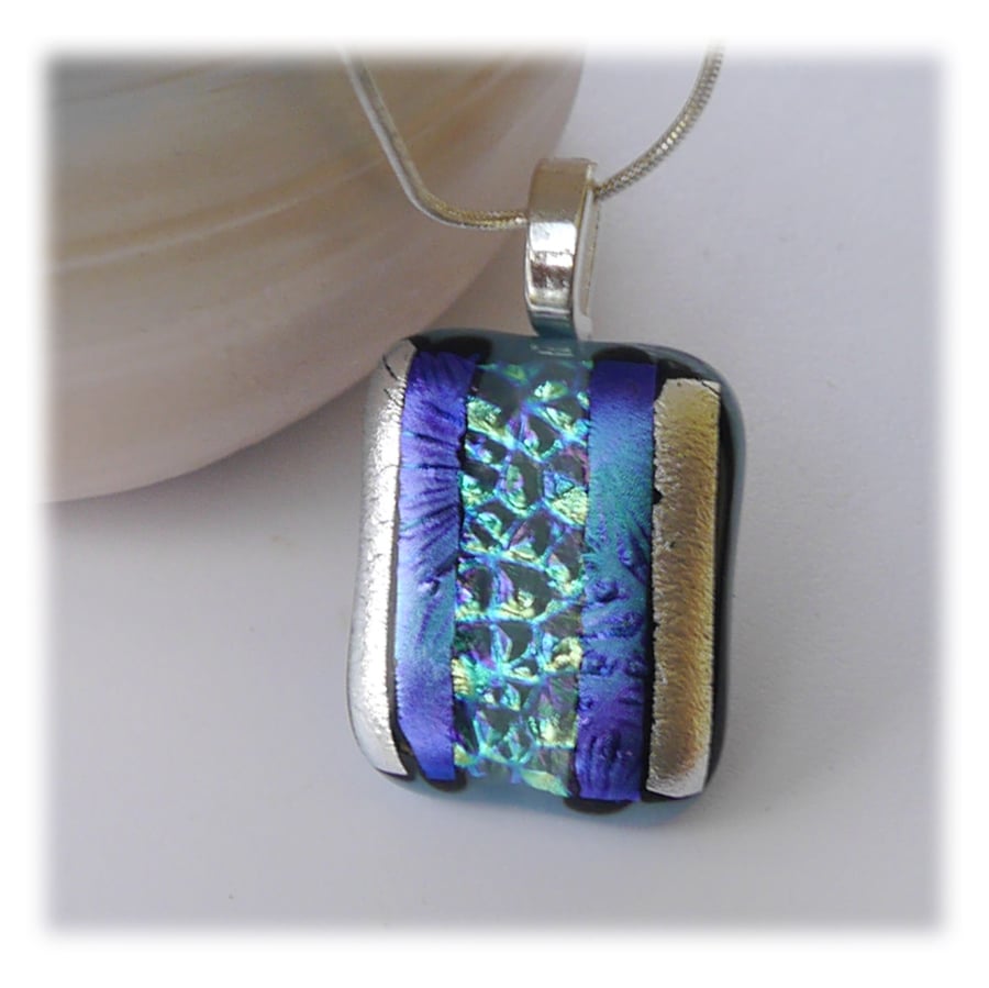 Navy Dichroic Glass Pendant 155 Sparkle Stripe with silver plated chain