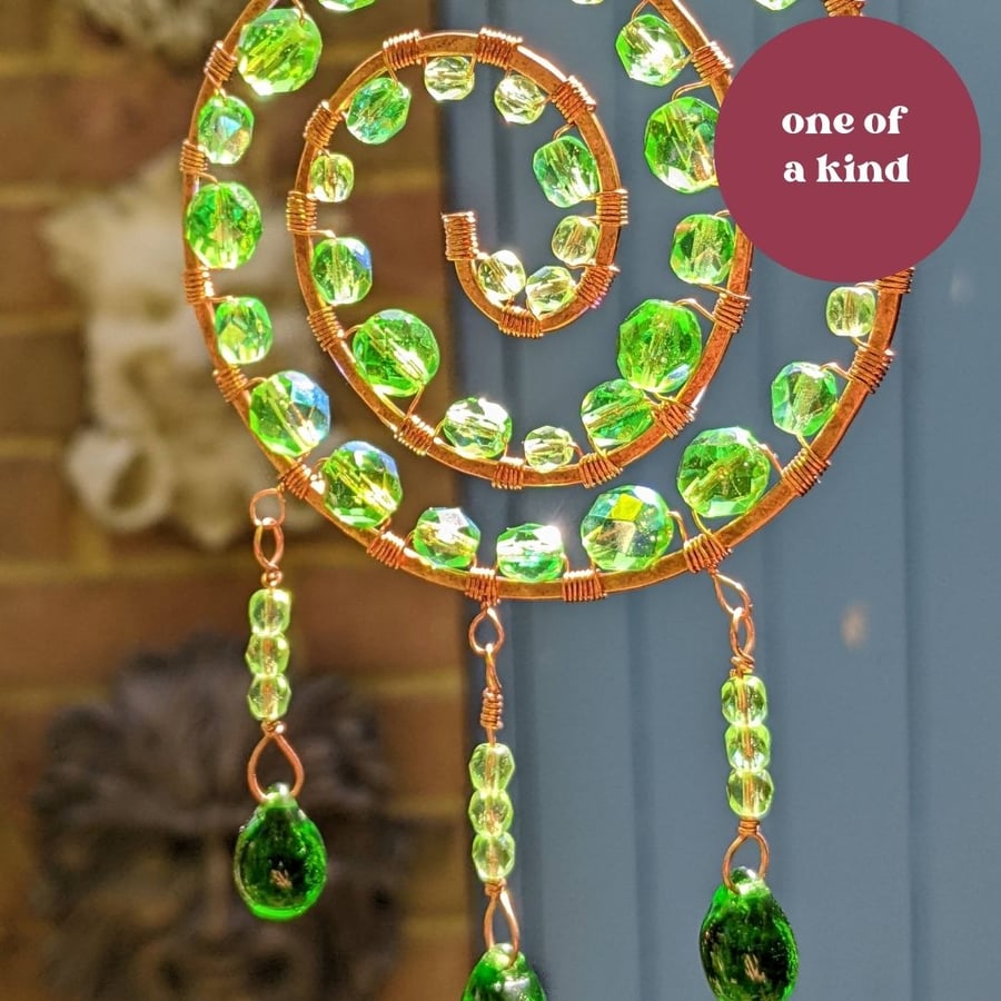 Beautiful copper and green suncatcher wire wrapped spiral handmade unique 