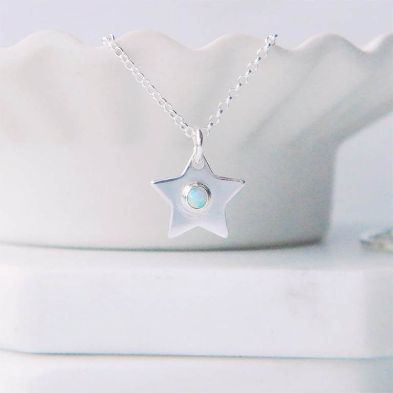 Silver Star Pendant with October Birthstone with Lab Opal