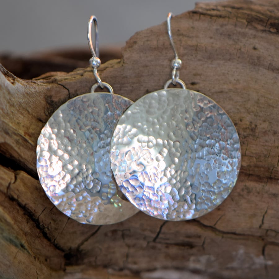 Silver Earrings Round Hand Beaten Large