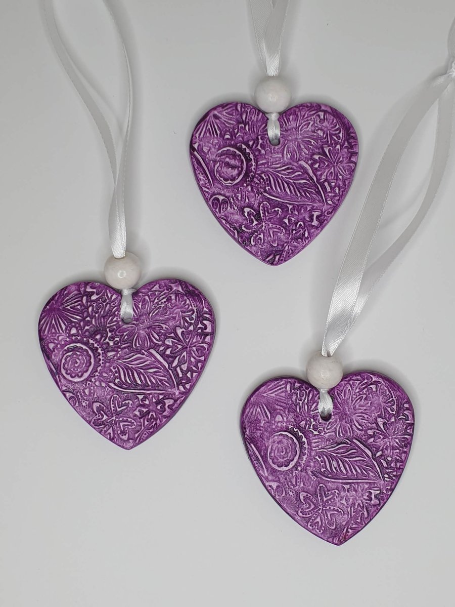 Clay heart, purple hanging decoration, Birthday or anniversary gift for her