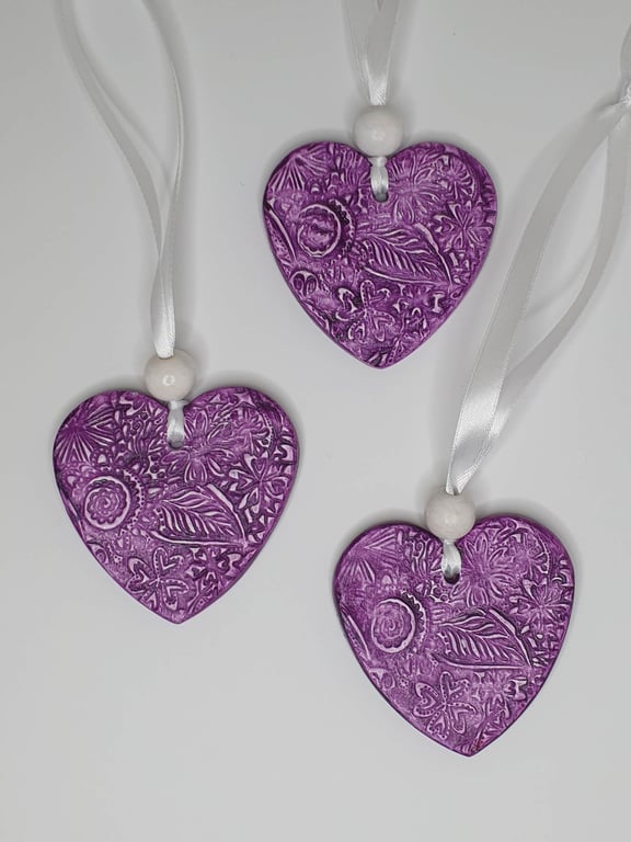 Clay heart, purple hanging decoration, Birthday or anniversary gift for her