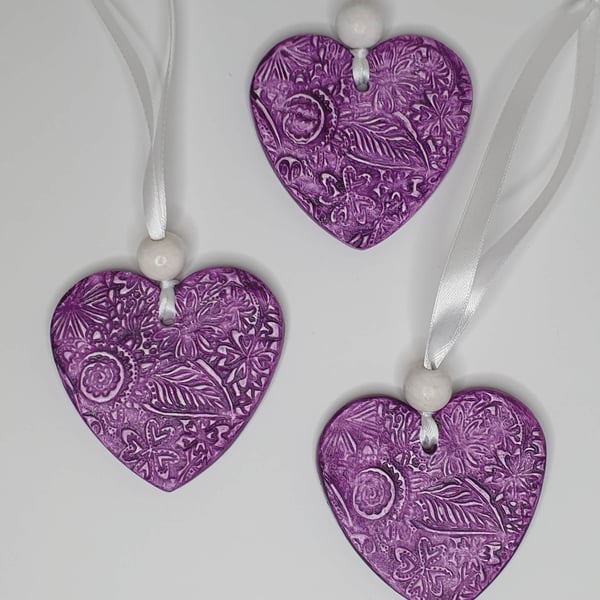 Clay heart, purple hanging decoration, Birthday or anniversary gift for her