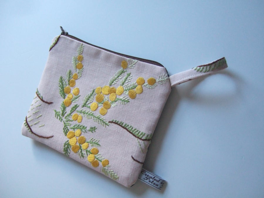 Vintage embroidery purse or make up bag with Mimosa flowers design.