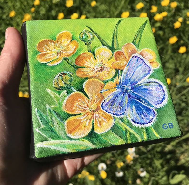 'Common Blue Butterfly & Buttercups', Original Acrylic Painting, Shelf Art, Gift