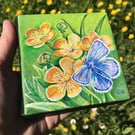 'Common Blue Butterfly & Buttercups', Original Acrylic Painting, Shelf Art, Gift